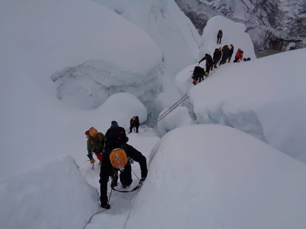 Making our way through the glacier on Island peak