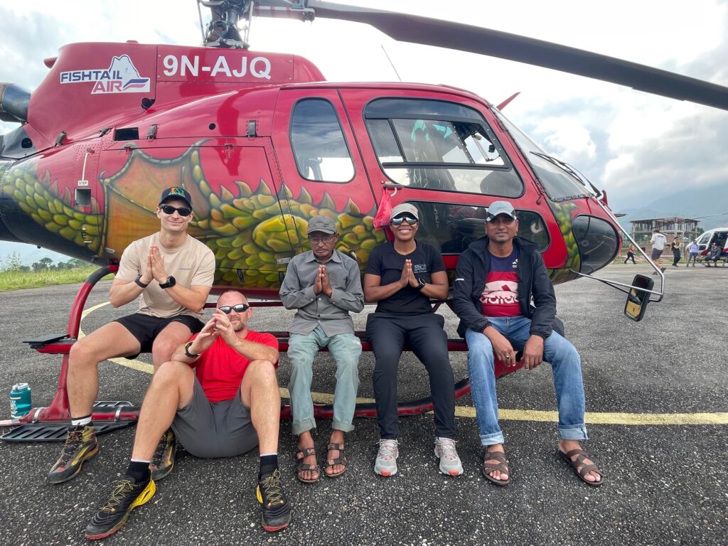 Waiting for the helicopter to take off.